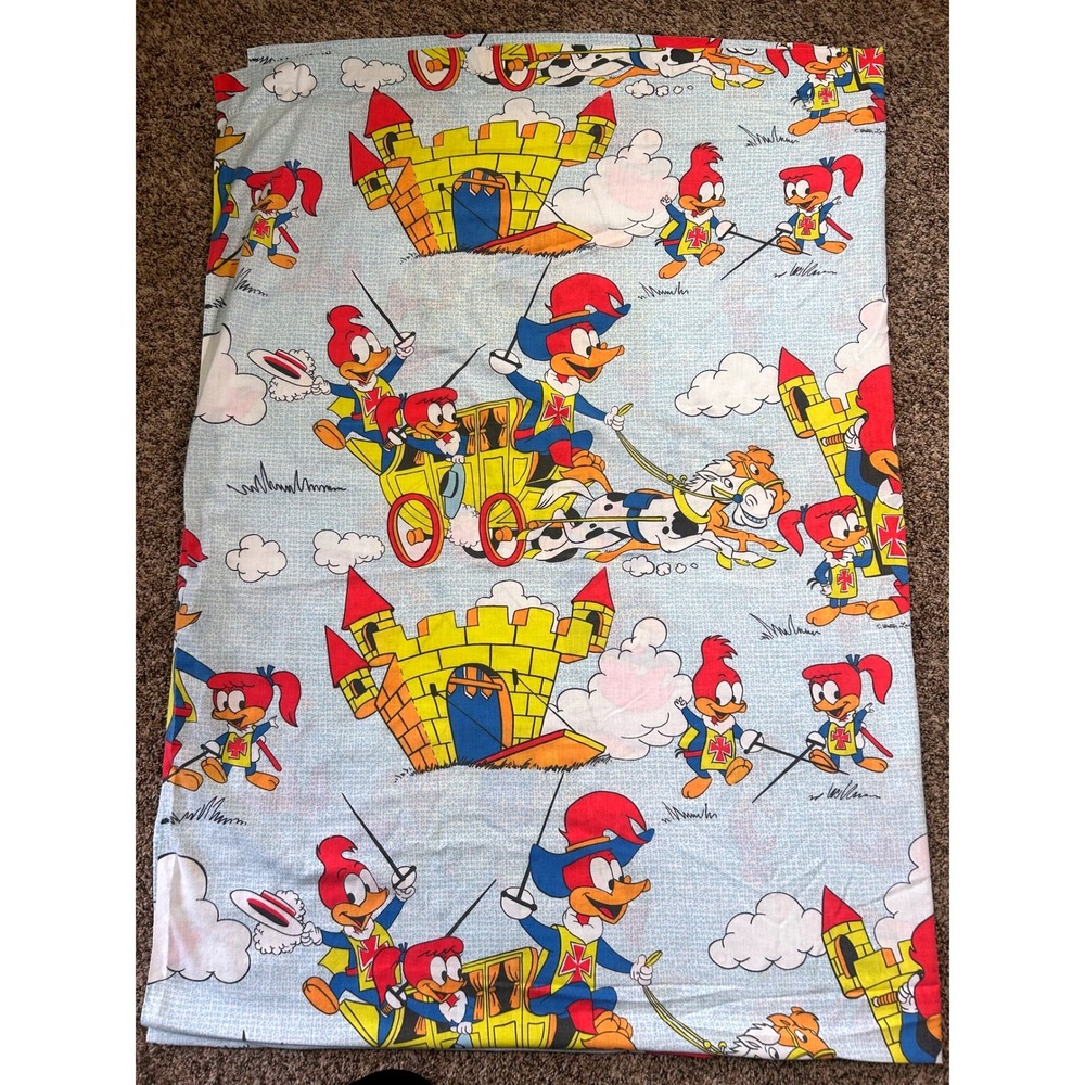 Vintage Dan River Woody Woodpecker Three Musketeers Flat Sheet Blue Muslin#966